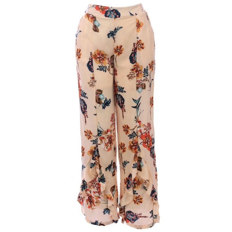 Calça Pantalona Floral Feminina Com Babado Na Barra

