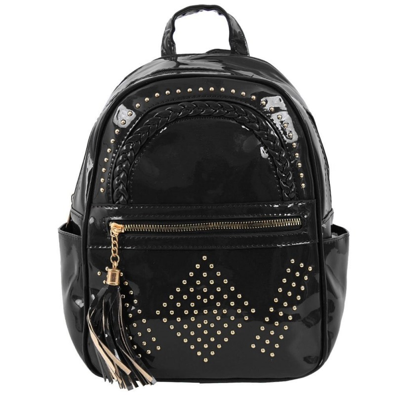 mochila-feminina-luxo-de-verniz-em-tresse-tassel-e-tachas