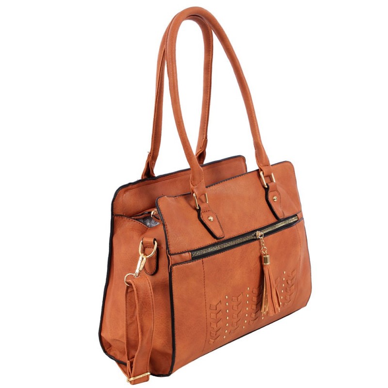 Bolsa Tote Feminina Alto Relevo Com Tassel Tressê E Tachas