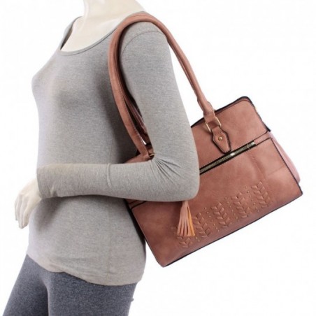 Bolsa Tote Feminina Alto Relevo Com Tassel Tressê E Tachas