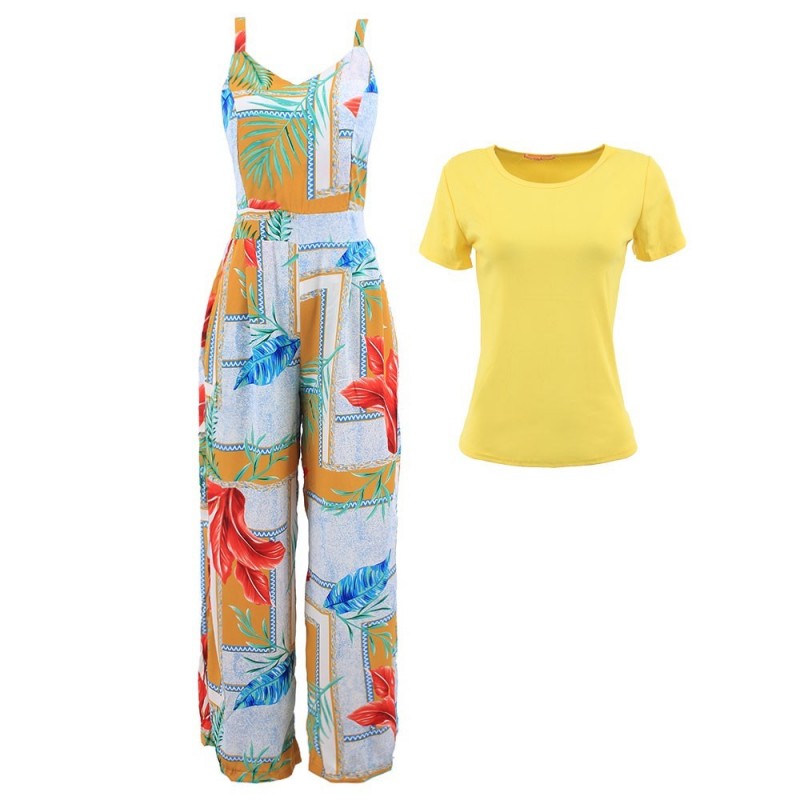 Kit Feminino Macacão Pantacourt + Camiseta Baby Look "G/GG"