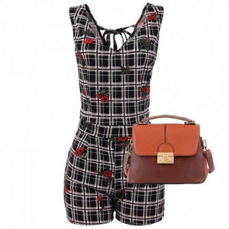 Kit Feminino Macaquinho Xadrez Floral + Bolsa Baú Luxo
