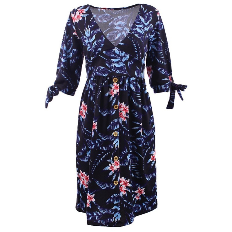 Vestido Feminino Curto Floral Com Botões Manga Amarração