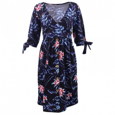 Vestido Feminino Curto Floral Com Botões Manga Amarração