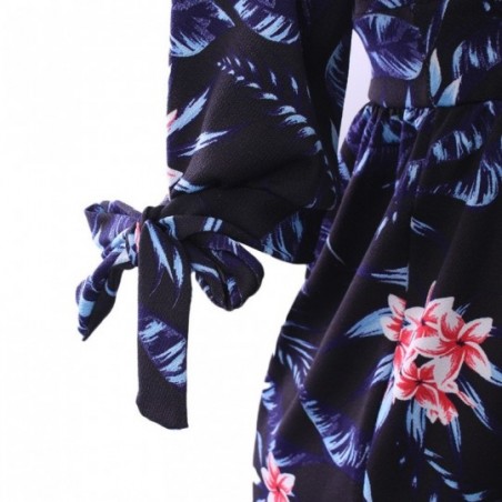 Vestido Feminino Curto Floral Com Botões Manga Amarração