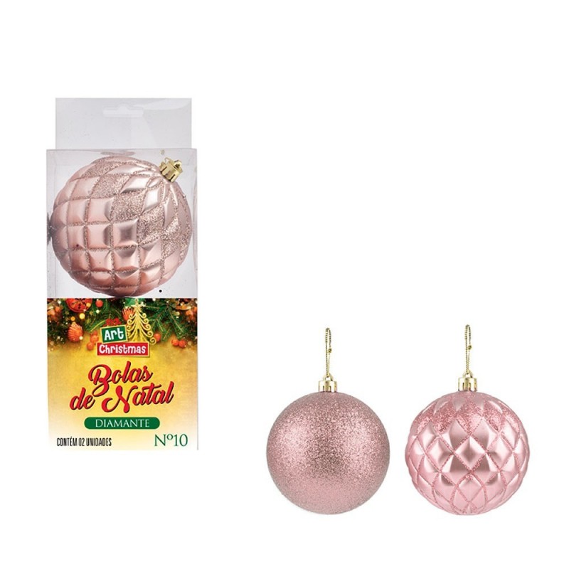 Kit 2 Bolas Natal Diamante Rose Glitter Para Enfeite 10 CM