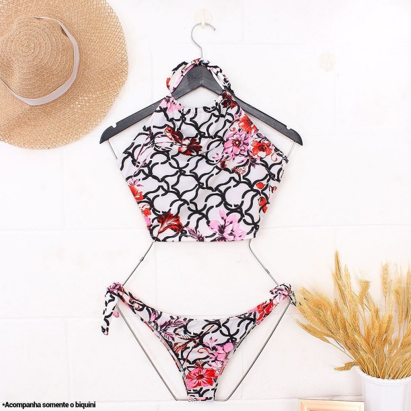 Biquíni Floral Top Nadador Com Amarração + Calcinha Laço
