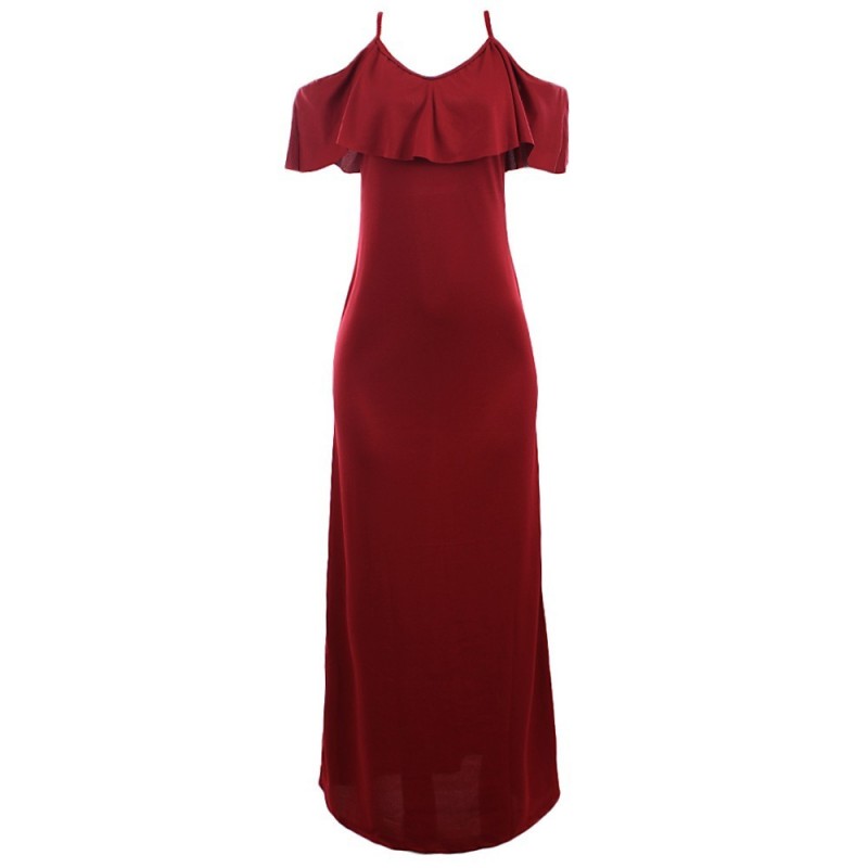 Vestido Longo Feminino Babado Ombro A Ombro Alça Fina