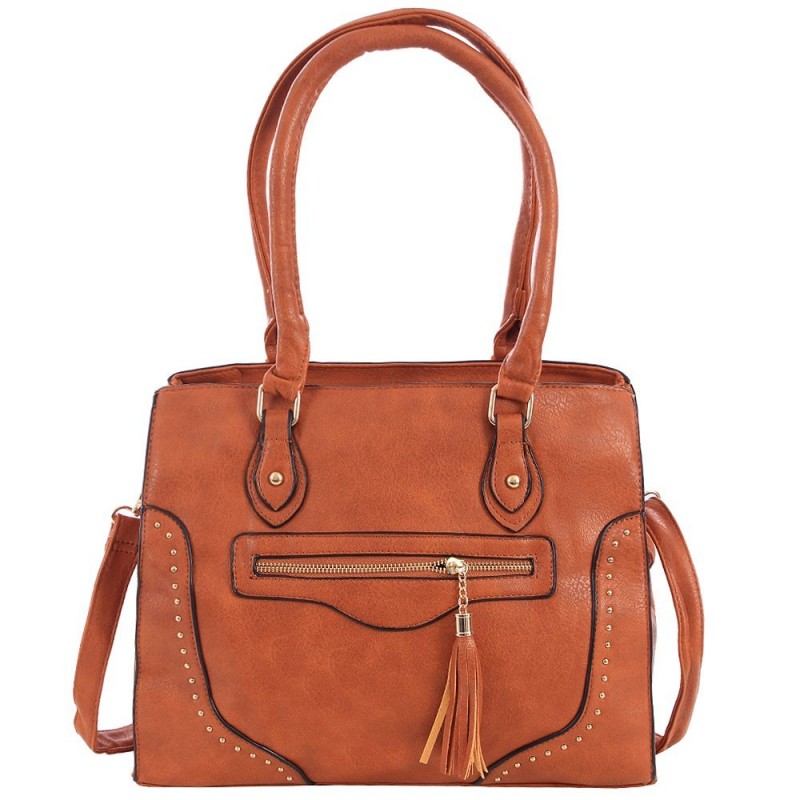 Bolsa Ombro Feminina Estruturada Cravejada Tachas Com Tassel