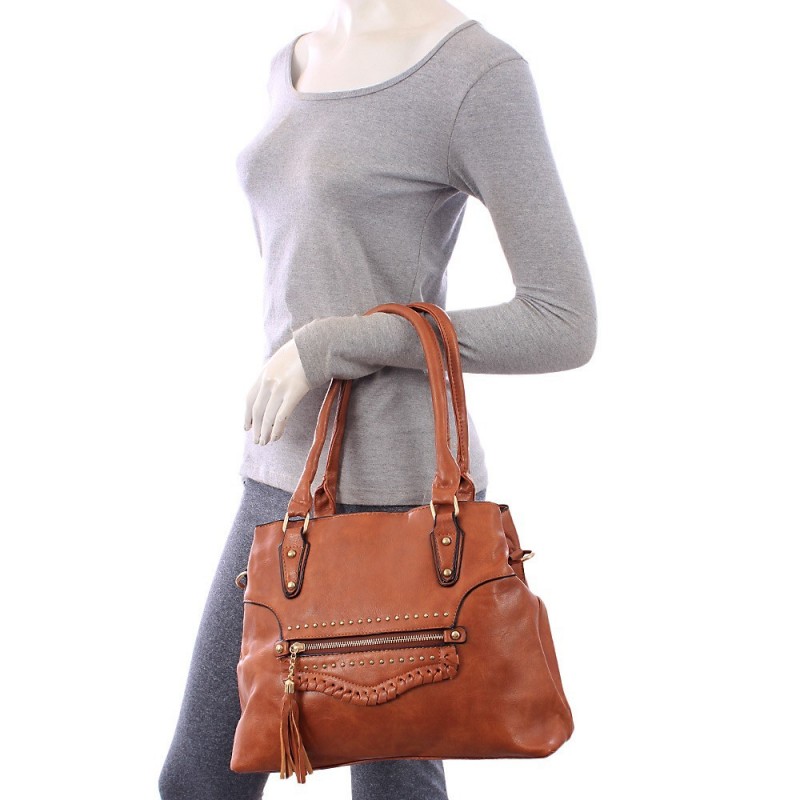 Bolsa Satchel Feminina Em Alto Relevo Tassel Tachas Tressê