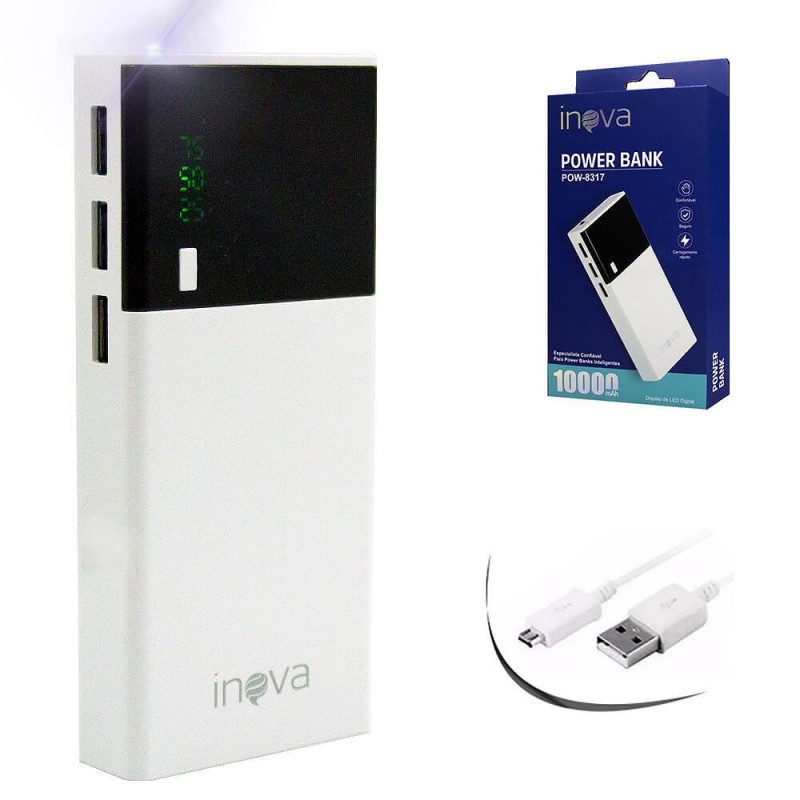 Carregador Power Bank 3 Entradas Com Lanterna Inova 10000mAh
