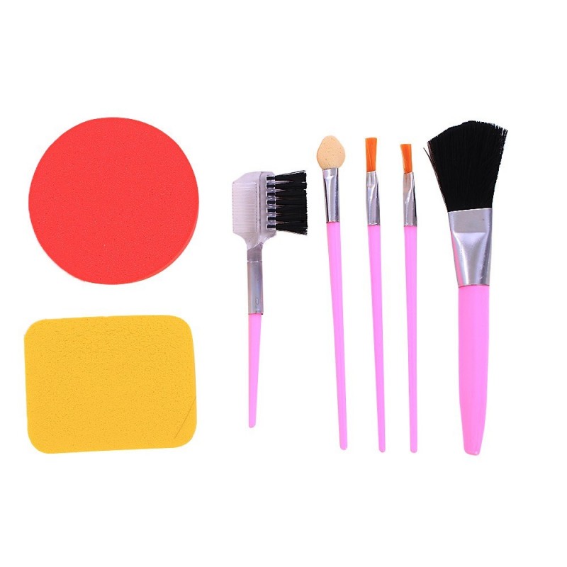 Kit 5 Pincéis De Maquiagem Com Cabo Rosa + 2 Esponjas