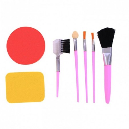 Kit 5 Pincéis De Maquiagem Com Cabo Rosa + 2 Esponjas