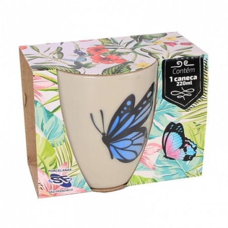 Caneca De Porcelana Decorada Borboletas Variadas 220ml