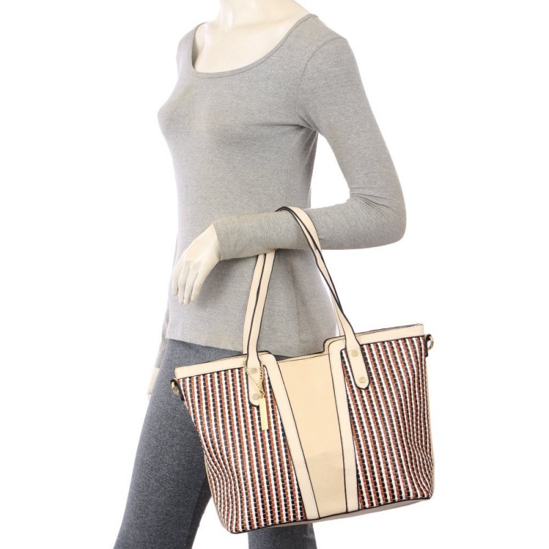 Bolsa Feminina Satchel Luxo Em Tressê Colorido Com Pingente
