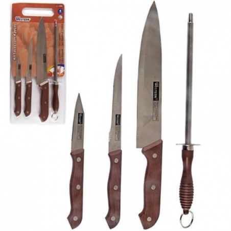 Kit Facas De Cozinha 4 Peças Com Chaira Em Aço Inox