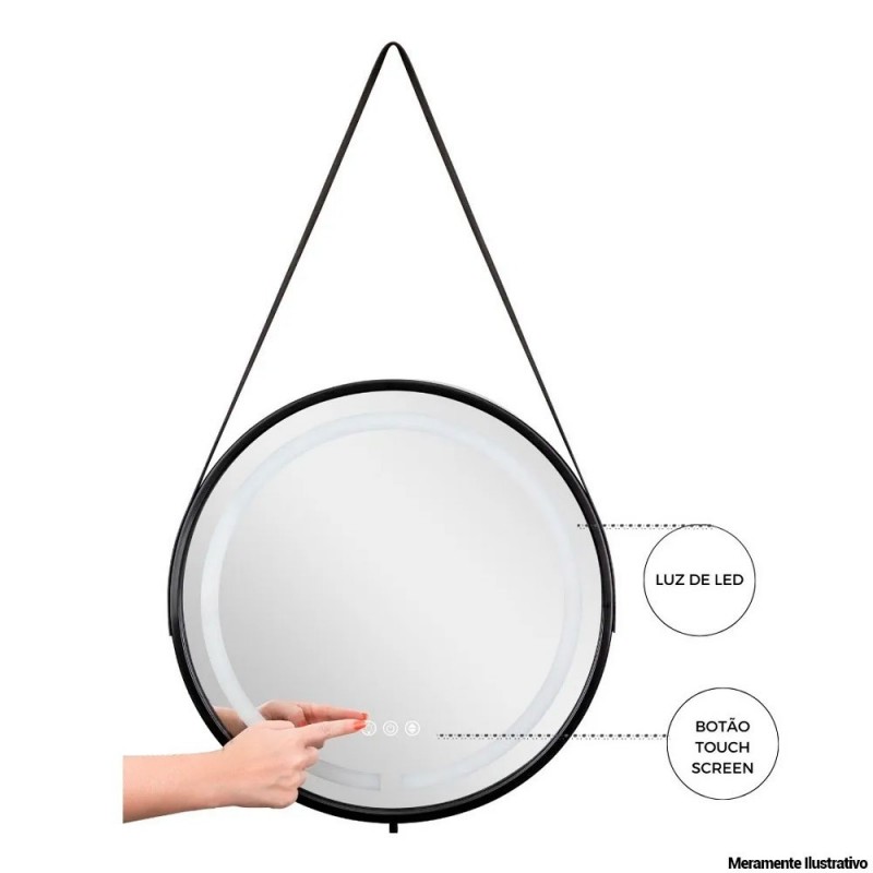 Espelho Decorativo Com Led Redondo Alça E Moldura 45 cm
