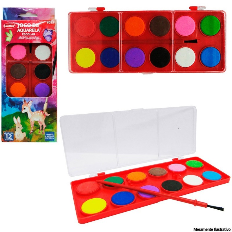 Jogo De Aquarela Infantil Com 12 Pastilha Coloridas E Pincel