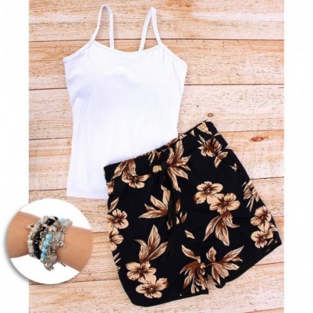 Kit Blusa Regata Com Short Feminino Estampado E 4 Pulseiras