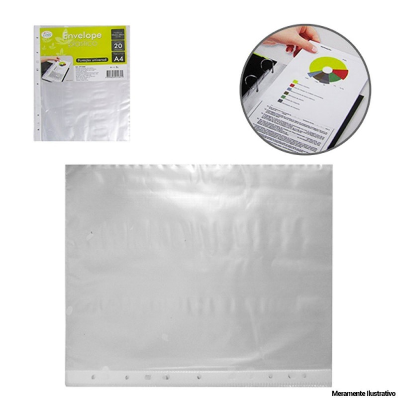 Envelope Saco Plástico Furo Universal 20 Peças A4 23 x 30 cm
