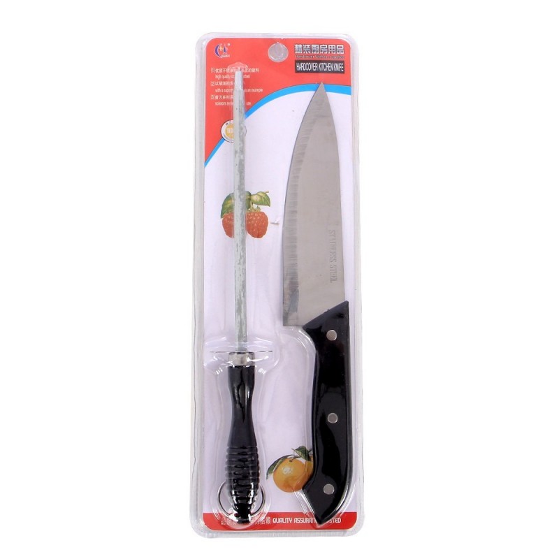 Kit Faca De Churrasco 6" Com Chaira 6" Com Cabo Preto