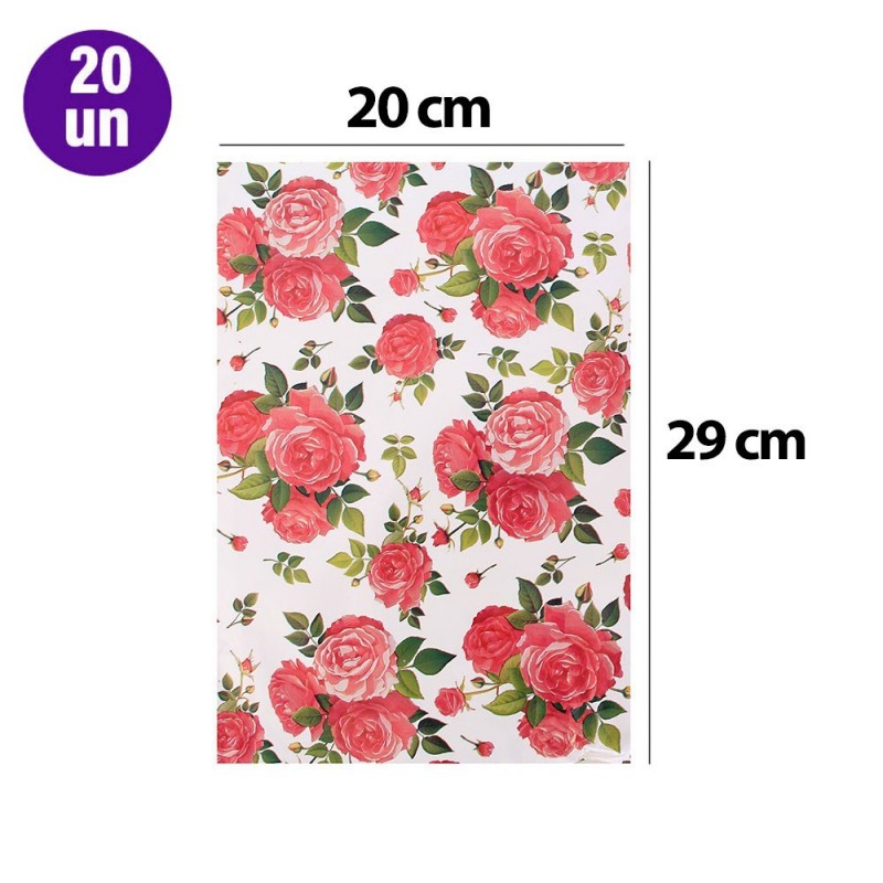 Kit 20 Sacos Presente Rosas R$ 2,24 Cada 20 cm x 29 cm