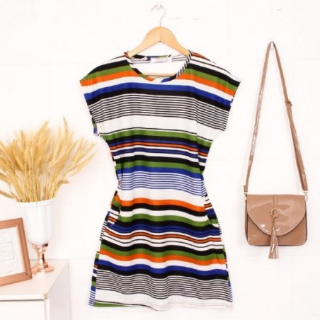 Vestido Feminino Shift Curto Rajado Bolsos Roupa No Atacado
