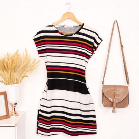 Vestido Feminino Listrado Bolsos Manga Japonesa Em Promoção
