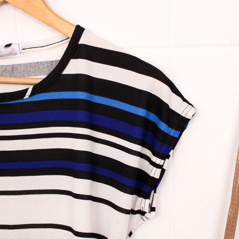 Vestido Feminino Listrado Bolsos Manga Japonesa Em Promoção