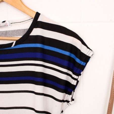 Vestido Feminino Listrado Bolsos Manga Japonesa Em Promoção