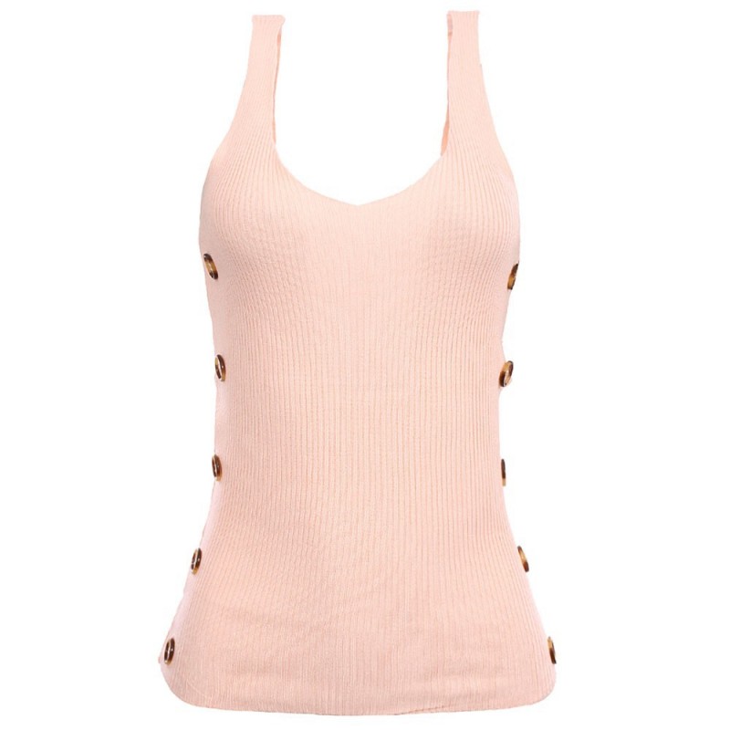 Blusa Feminina Regata Botões Lisa Decote V Canelada