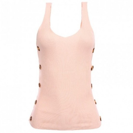 Blusa Feminina Regata Botões Lisa Decote V Canelada