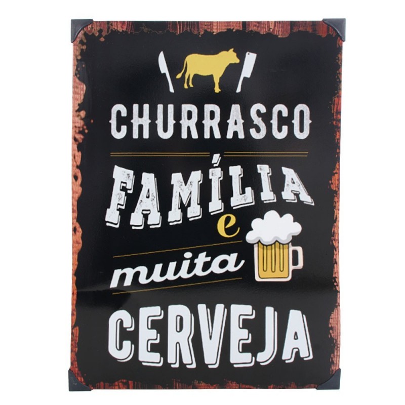 Placa Decorativa Estampa Churrasco 40 Cm x 28 Cm Metal