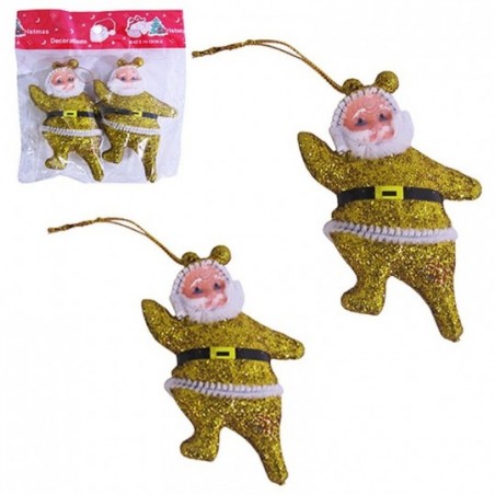 Kit 2 Enfeites Papai Noel Glitter Dourado 8 CM Atacado