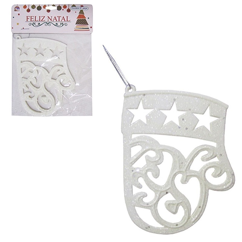 Luva Natalina Enfeite Glitter Branco Pendurar 11,5X8,5 CM