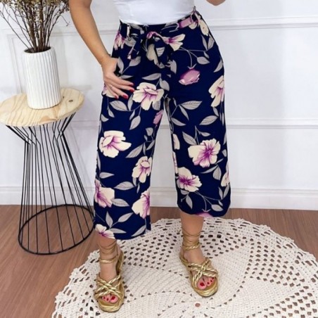 Calça Pantacourt Feminina Estampa Floral Com Cinto Amarração