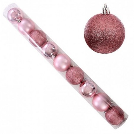 Kit 9 Bolas De Natal Mista Fosca Lisa Glitter Rose 6 CM