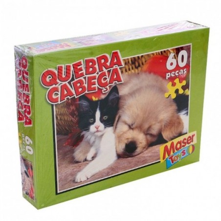 Quebra Cabeça Infantil Cachorro E Gatinho Com 60 Peças