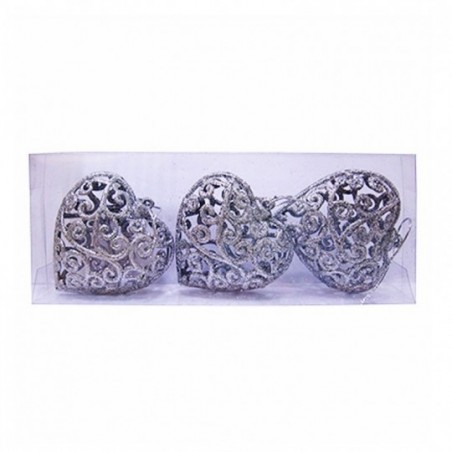Kit 3 Corações Natalinos Prateados Vazados Com Glitter 7 Cm