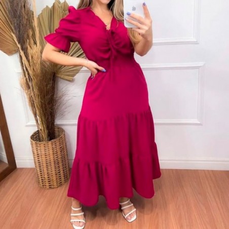 Vestido Feminino Godê Longo Elástico Acinturado Bufante