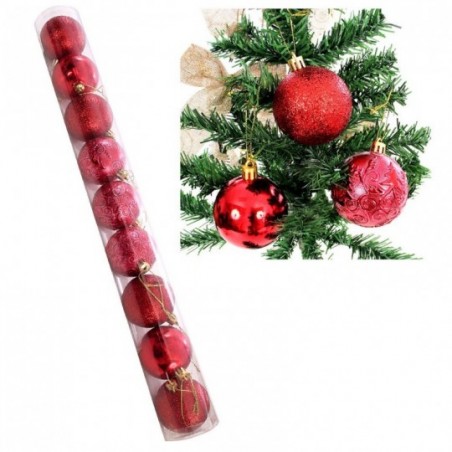 Kit 9 Bolas De Natal Mista Vermelha Textura Arabescos 6 Cm