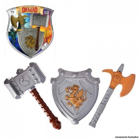 Kit Medieval Com Martelo + Escudo Machado Cavaleiro Dragão