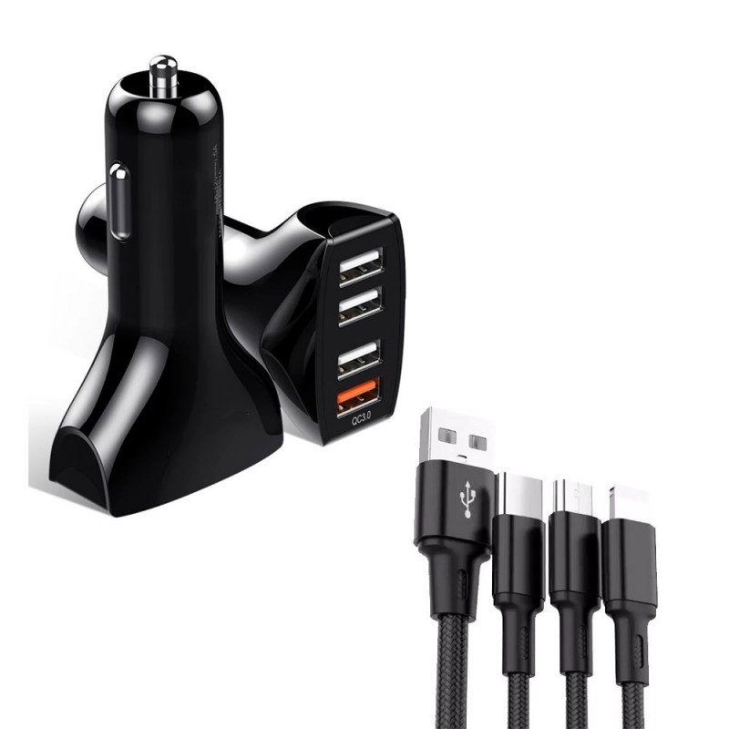 kit Carregador Veicular 4 Entradas + Cabo USB 3 Em 1 Atacado