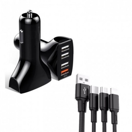 kit Carregador Veicular 4 Entradas + Cabo USB 3 Em 1 Atacado