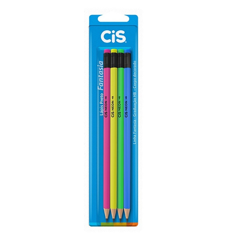 Kit 4 Lápis De Escrever Com Borracha Cores Neon CIS