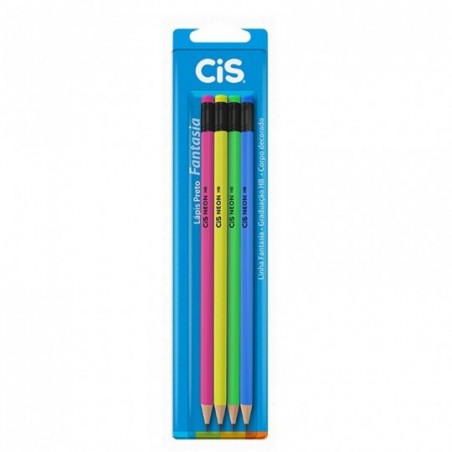 Kit 4 Lápis De Escrever Com Borracha Cores Neon CIS