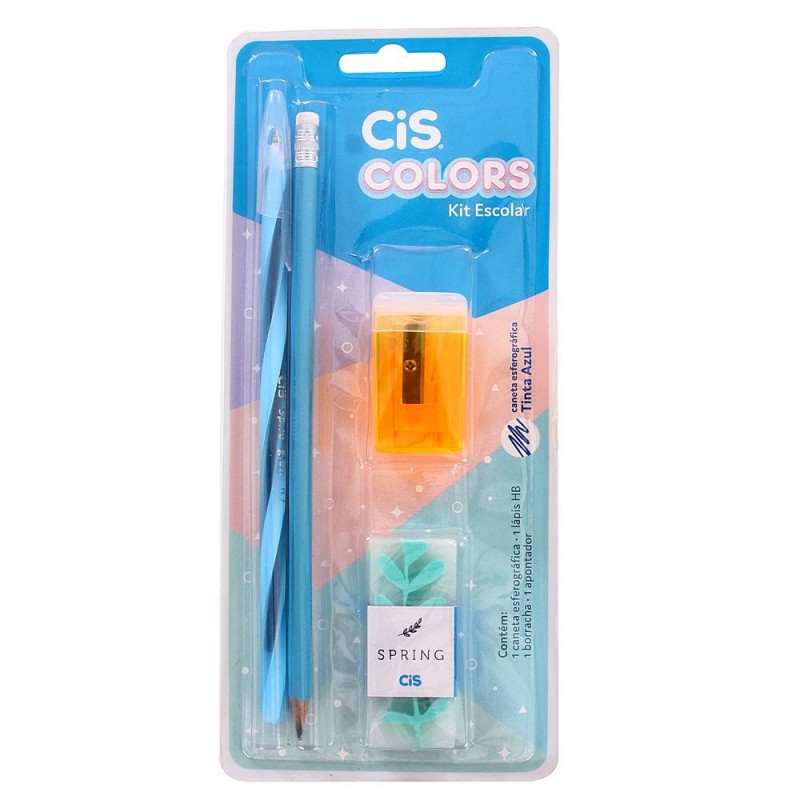 Kit Escolar 4 Peças Caneta Lápis Apontador Borracha CIS