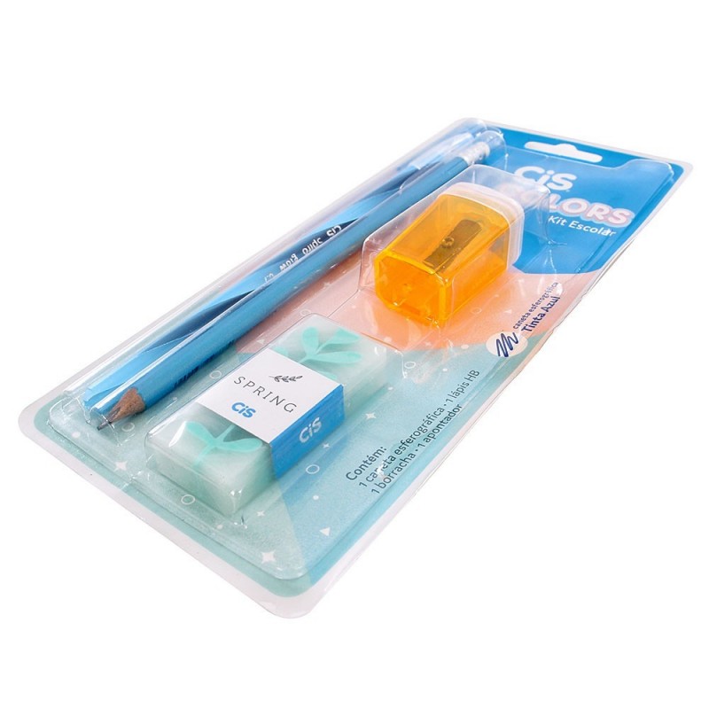 Kit Escolar 4 Peças Caneta Lápis Apontador Borracha CIS