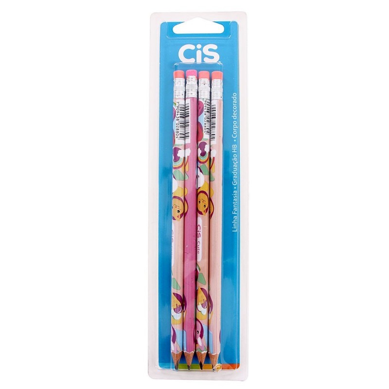 Kit 4 Lápis Escrever HB Com Borracha Estampa Meninas CIS