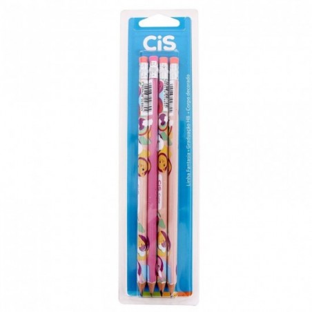 Kit 4 Lápis Escrever HB Com Borracha Estampa Meninas CIS